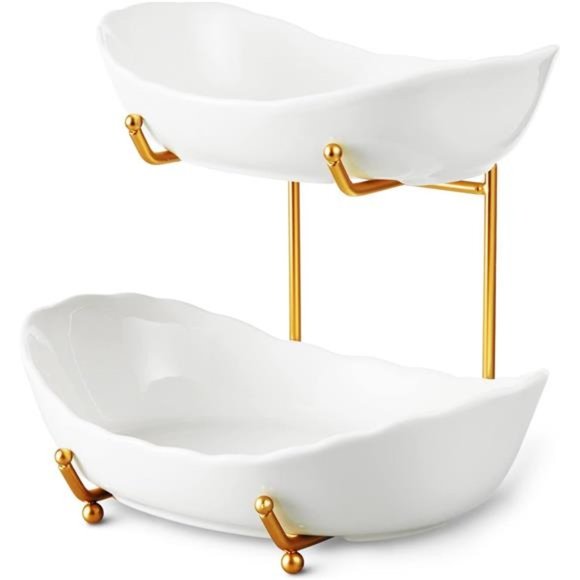 2 Tier Fruit Bowl Ceramic Serving Bowls with Metal Stand (Gold & White)